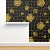 Roses on Dots Basket Weave ~ Gold Black