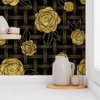 Roses on Dots Basket Weave ~ Gold Black