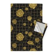 Roses on Dots Basket Weave ~ Gold Black