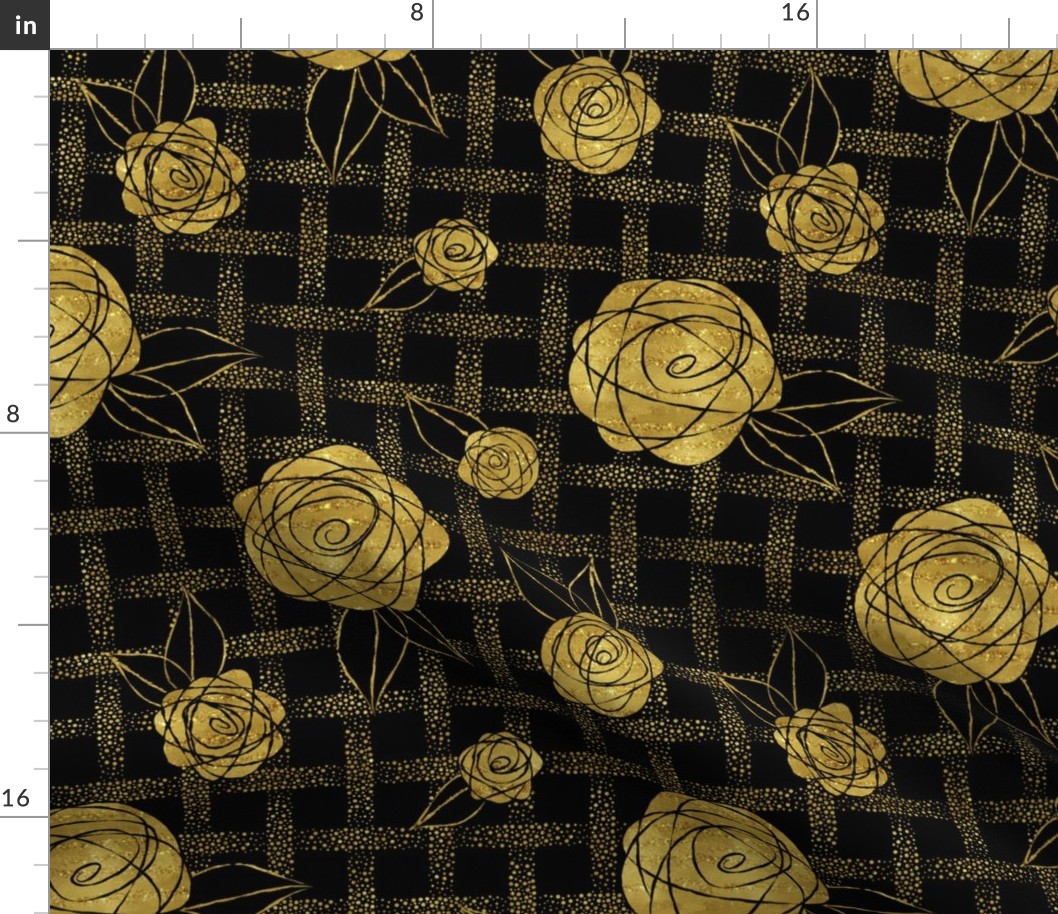 Roses on Dots Basket Weave ~ Gold Black