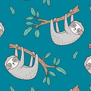 Sloth Sloths on Tree Branch with Leaves on Teal