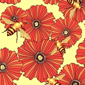 poppies and bees in soft honey