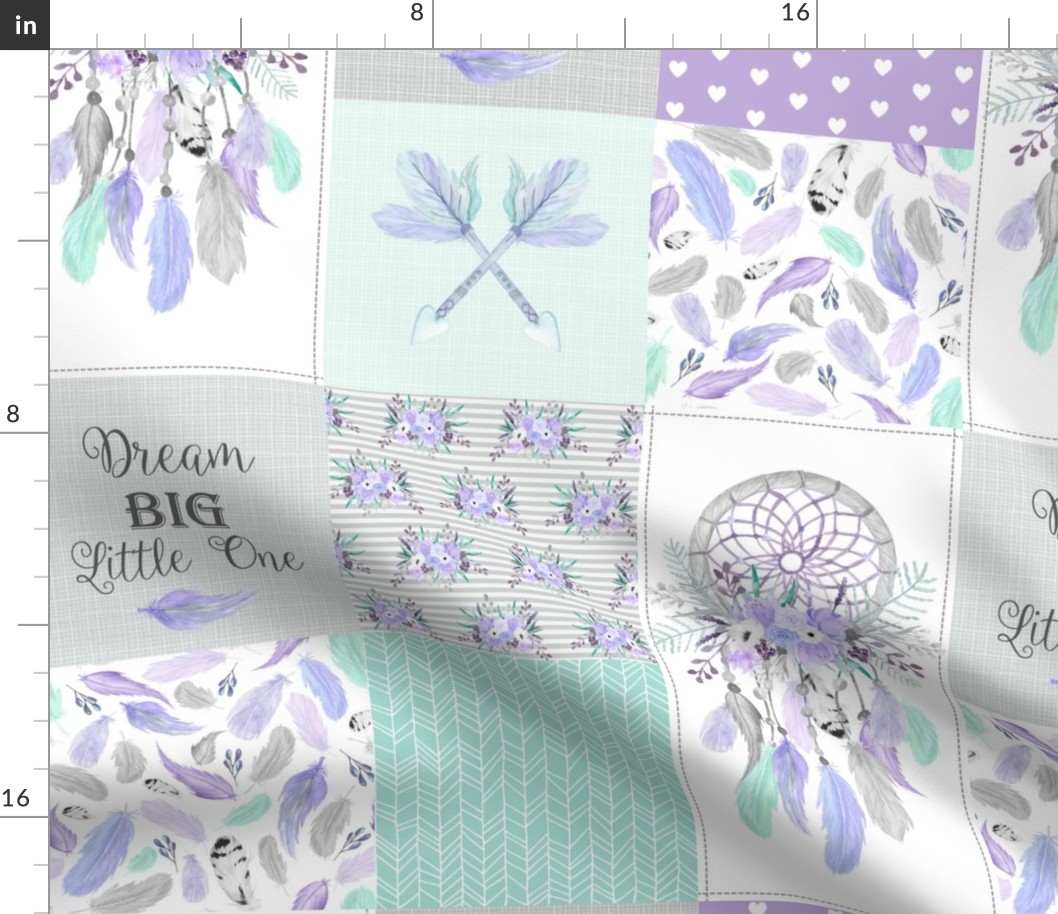 Dream Catcher Patchwork Quilt Top – Wholecloth for Girls Purple Lavender Grey Mint Feathers Nursery Blanket Baby Bedding