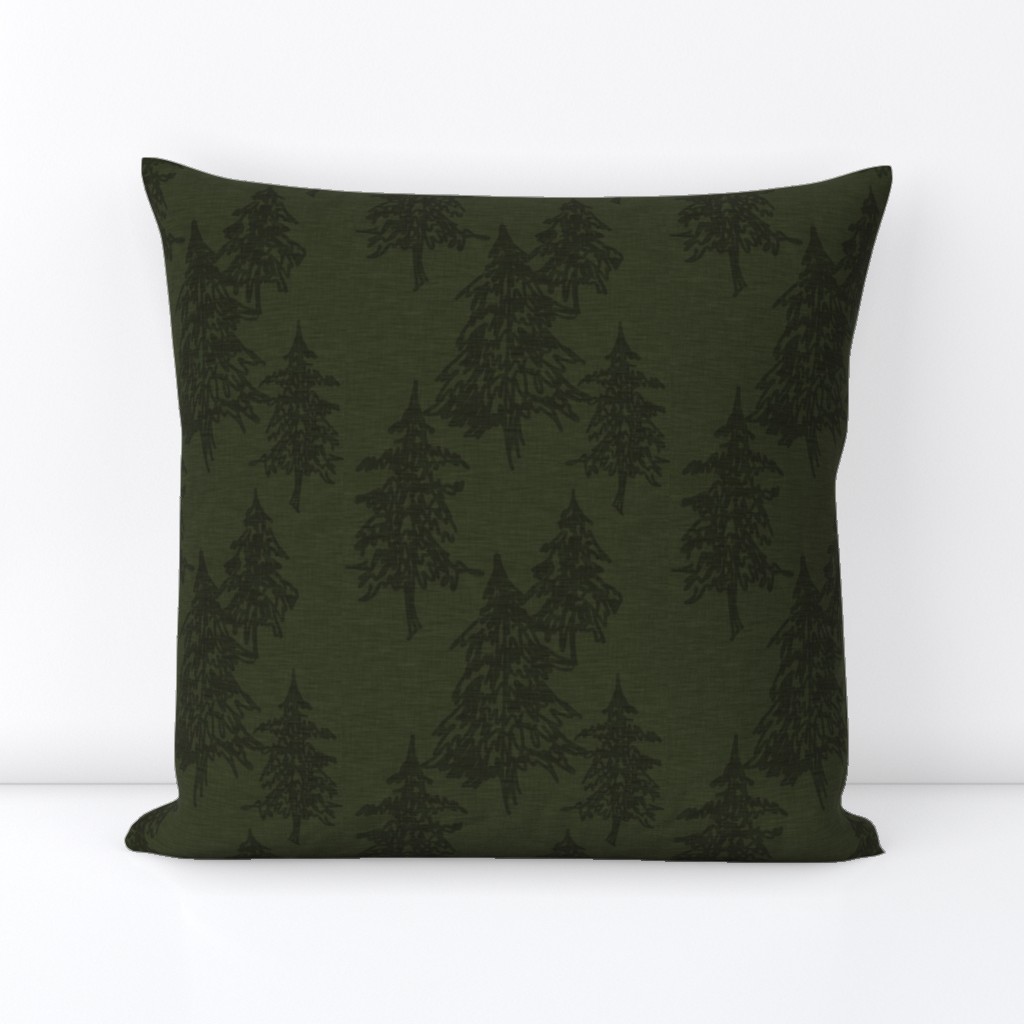Evergreen Trees on Linen - Dark Hunter green