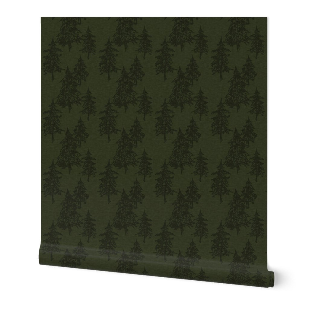 Evergreen Trees on Linen - Dark Hunter green