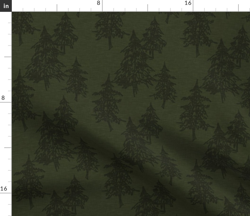 Evergreen Trees on Linen - Dark Hunter green