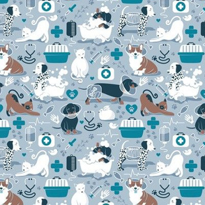 Tiny scale // VET medicine happy and healthy friends // blue background turquoise details navy blue white and brown cats dogs and other animals