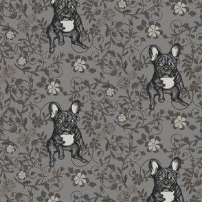 Black Frenchie with Black Flowers in Gray Field