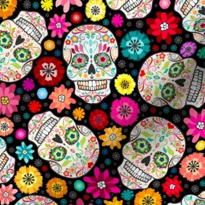 Colorful Sugar Skulls on Black