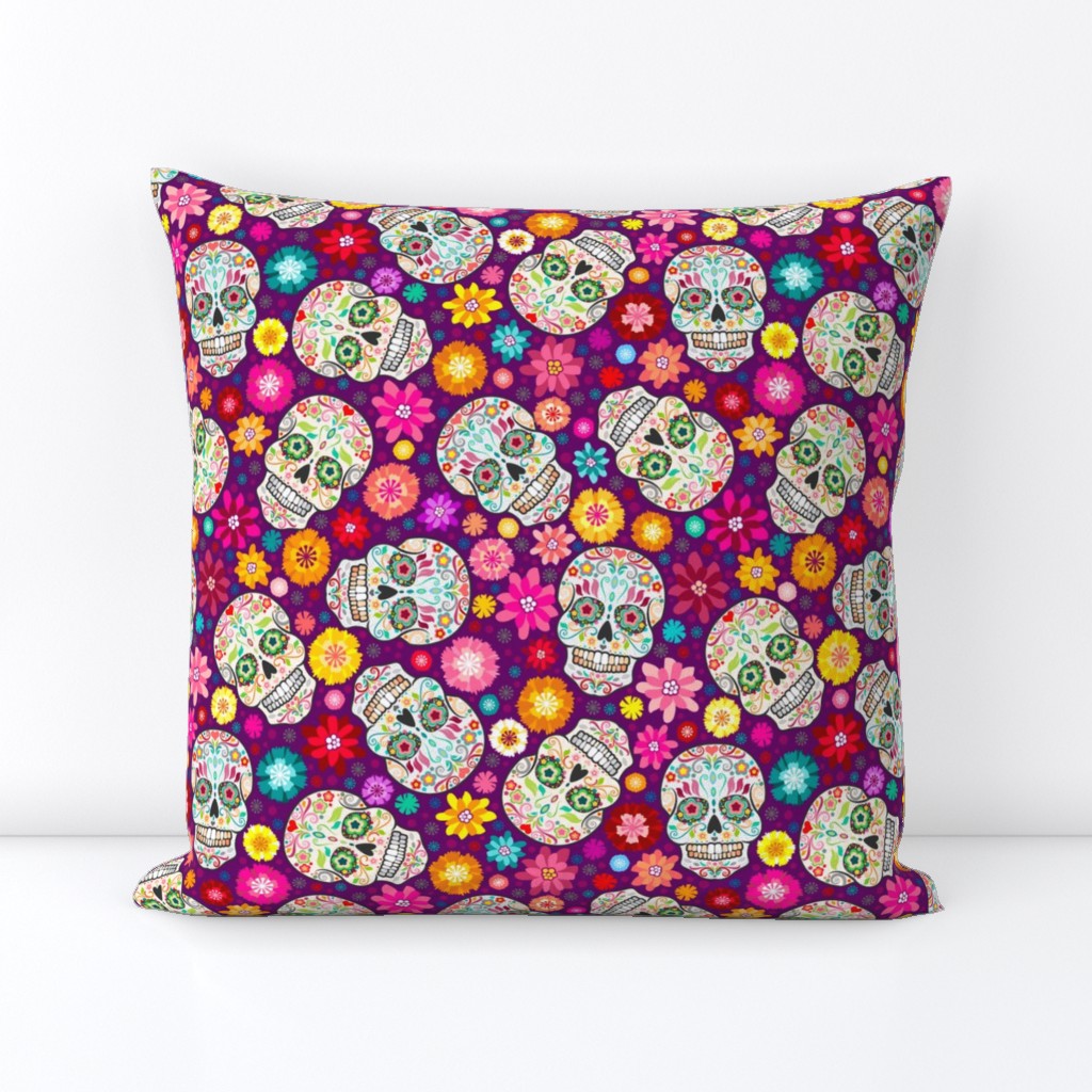 Colorful Sugar Skulls on Purple