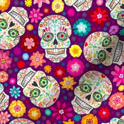 Colorful Sugar Skulls on Purple