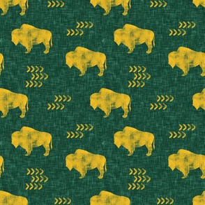 (small scale) distressed buffalo on green  linen - gold C18BS