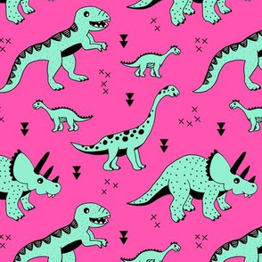 Cool Scandinavian kids dino friends dinosaur pattern girls hot pink mint