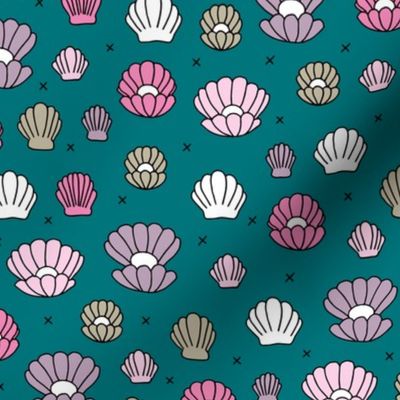 Deep sea shells and pearls mermaid theme ocean shell illustration girls pink dark blue