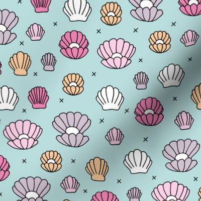 Deep sea shells and pearls mermaid theme ocean shell illustration girls pink soft blue