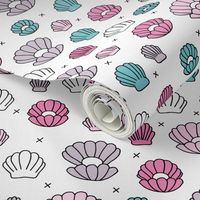 Deep sea shells and pearls mermaid theme ocean shell illustration girls pink aqua on white background