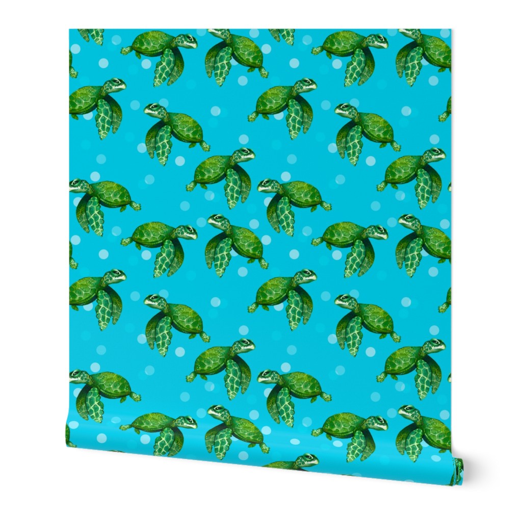 Bright Sea Turtles on Bright Ocean Blue with Bubbles - Larger