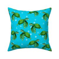 Bright Sea Turtles on Bright Ocean Blue with Bubbles - Larger