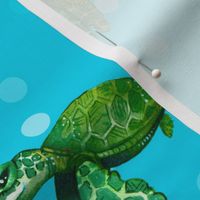 Bright Sea Turtles on Bright Ocean Blue with Bubbles - Larger