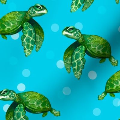 Bright Sea Turtles on Bright Ocean Blue with Bubbles - Larger