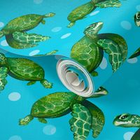 Bright Sea Turtles on Bright Ocean Blue with Bubbles - Larger