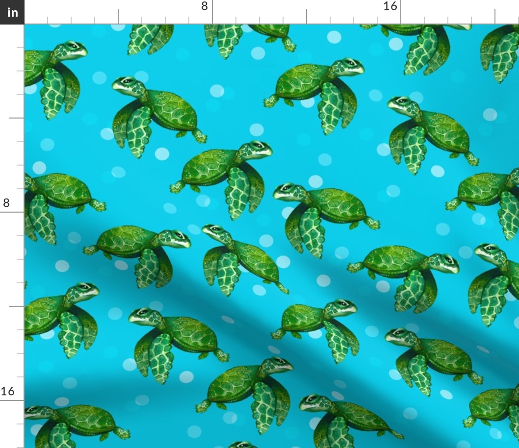 Bright Sea Turtles on Bright Ocean Blue with Bubbles - Larger