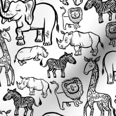 Black Ink Animals on White - Medium Scale Print