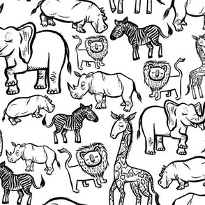 Black Ink Animals on White - Medium Scale Print