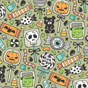 Trick or Treat Halloween Fall Candy on Light Olive Green