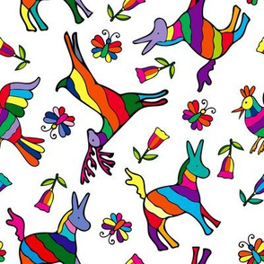 Rainbow Animals, Mexican Otomi Donkey, Chicken, Deer, Butterflies and Flowers