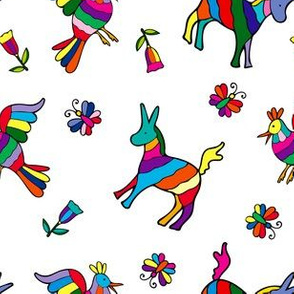 Mexican Rainbow Animals, Otomi Donkeys and Chickens, Butterflies and Flowers