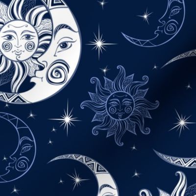 Sun moon and stars. Space background. Night sky.