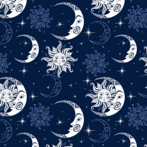 Sun moon and stars. Space background. Night sky.
