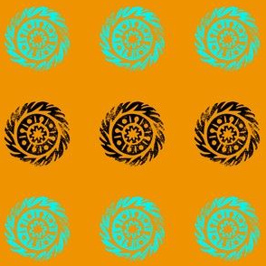 Linocut mandala pattern on saffron background