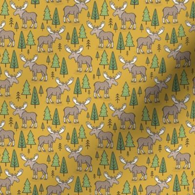 Forest Woodland Moose & Trees on Mustard Yellow Tiny Small 1 inch