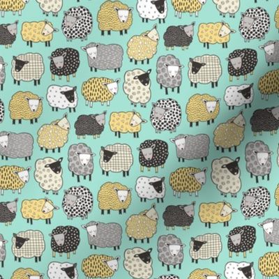 Sheep Geometric Patterned Black & White Grey  Yellow on Mint Green  Tiny Small 1 inch