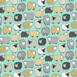 Sheep Geometric Patterned Black & White Grey  Yellow on Mint Green  Tiny Small 1 inch