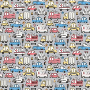 Cars Vehicles Doodle fabric Blue Red Yellow on Grey Tiny Small 1 inch