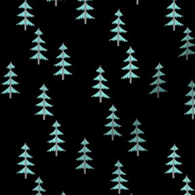Blue Trees (black) Woodland Forest Fabric, gray tree trunks