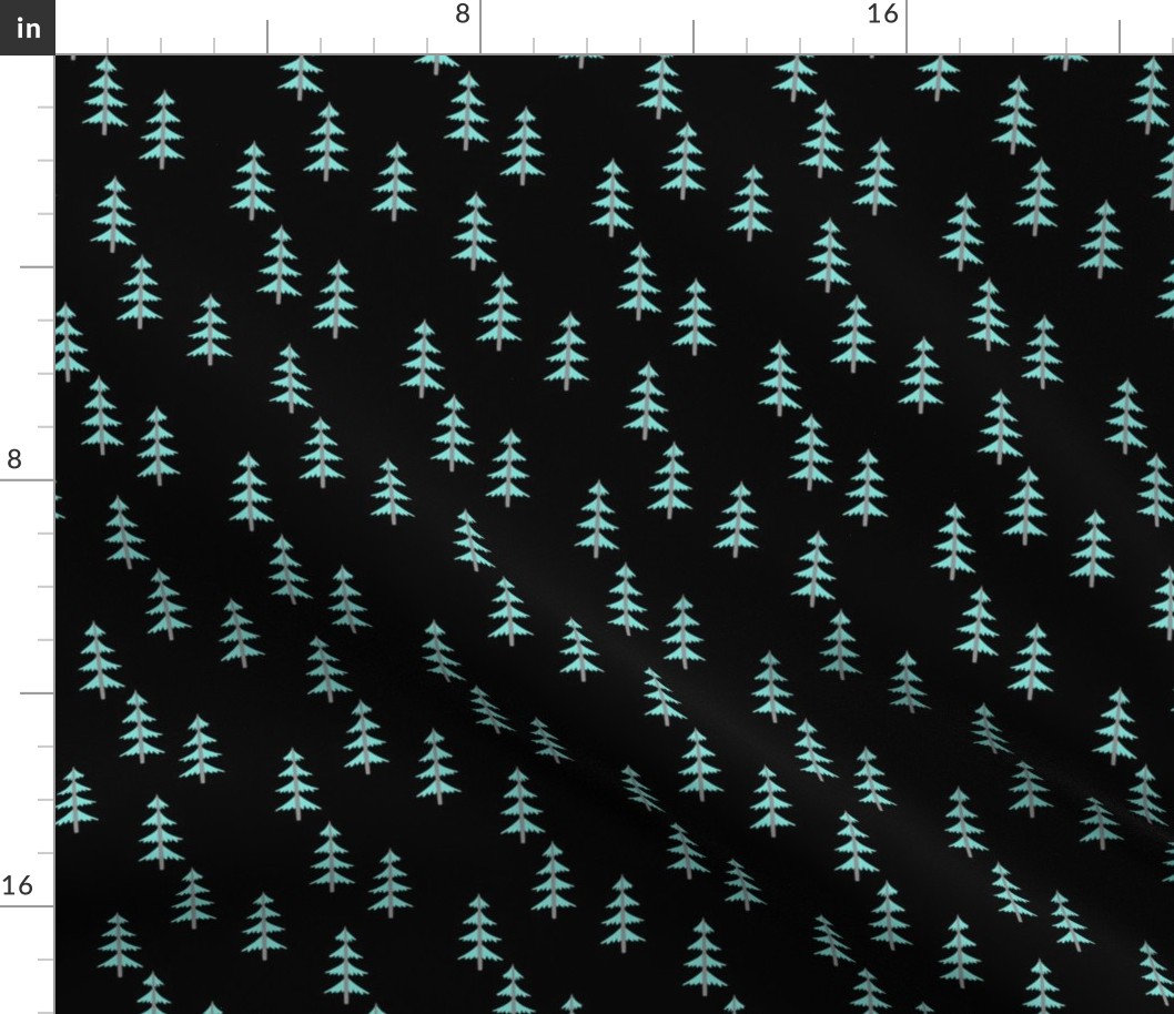 Blue Trees (black) Woodland Forest Fabric, gray tree trunks