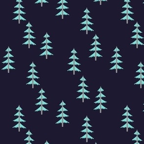 Blue Trees (midnight navy) Woodland Forest Fabric, gray tree trunks