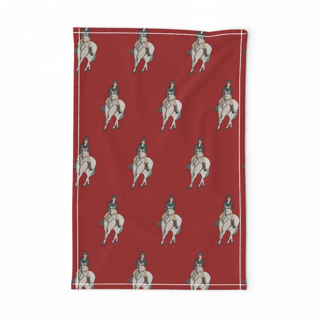 EQ_6009_B Equestrian rider hunter class watercolor doodle horse on cranberry red background