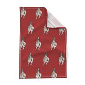 EQ_6009_B Equestrian rider hunter class watercolor doodle horse on cranberry red background