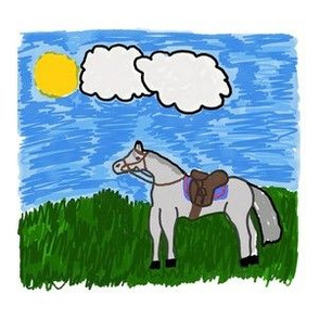 EQ_6014_B Equestrian child’s drawing grey mare English tack gazing on floating on white