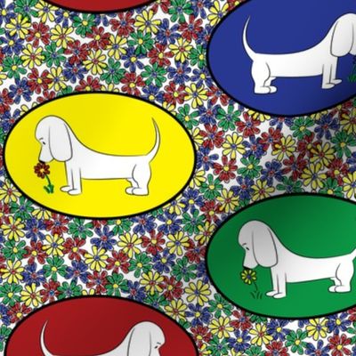 Doodle Bassets and Flowers - Colorful Tile