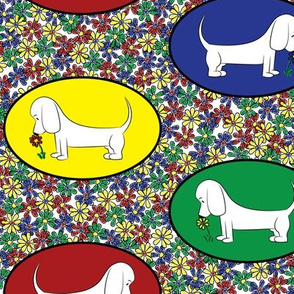 Doodle Bassets and Flowers - Colorful Tile