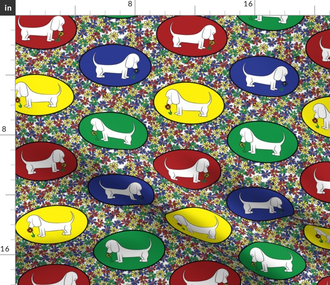 Doodle Bassets and Flowers - Colorful Tile