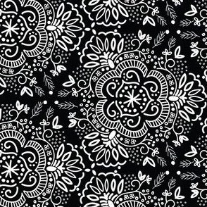 Hand-Drawn Symmetric Black-White Floral