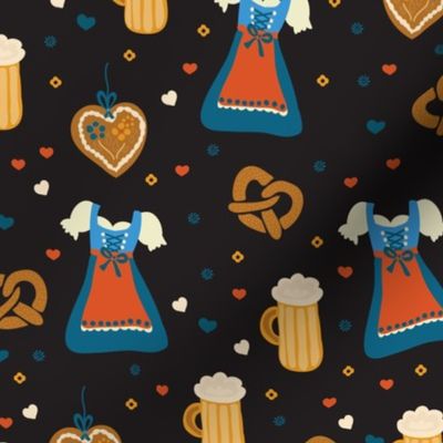 Ready for Oktoberfest! Dirndl dresses, beer, and pretzels on black