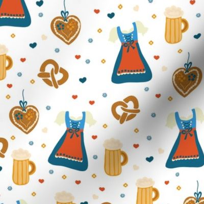 Dirndl dress, beer, gingerbread hearts, and pretzels. German Oktoberfest print. 